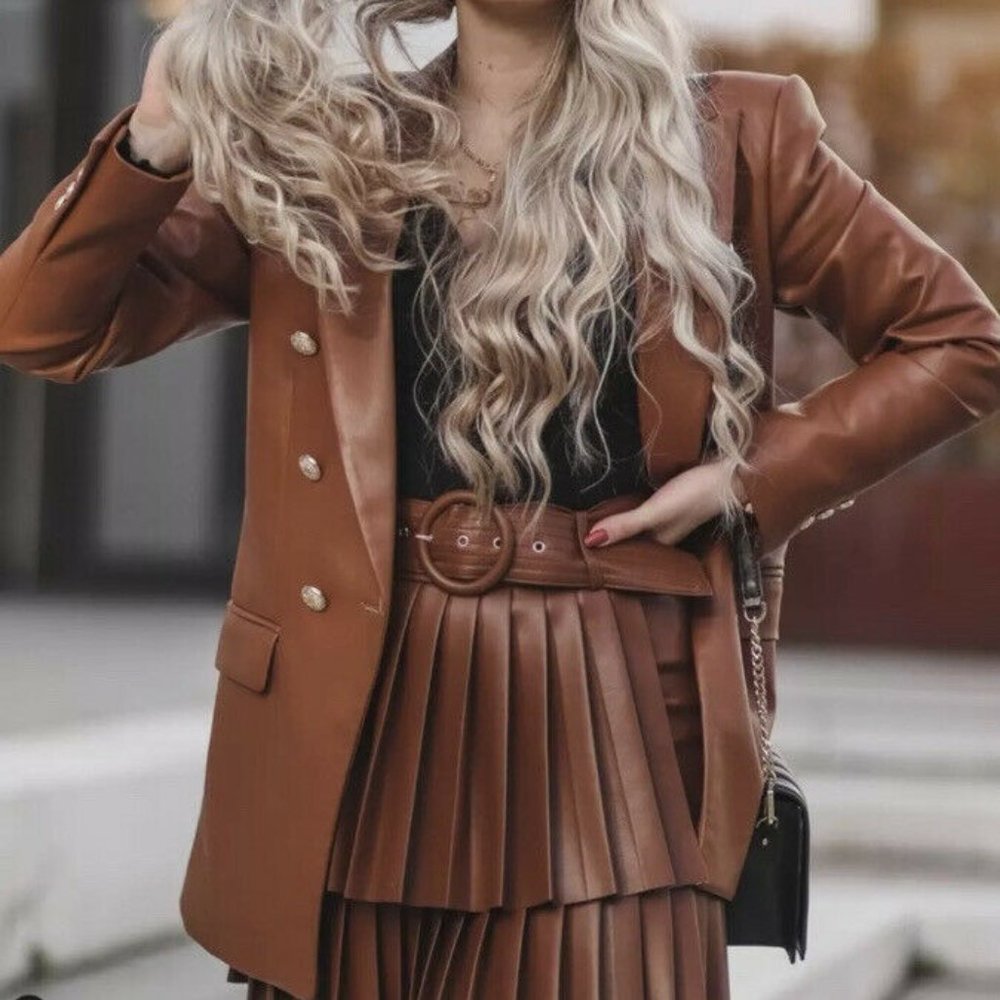 NWT ZARA PLEATED FAUX LEATHER SKIRT WHISKY 3046/328 - Picture 11 of 13